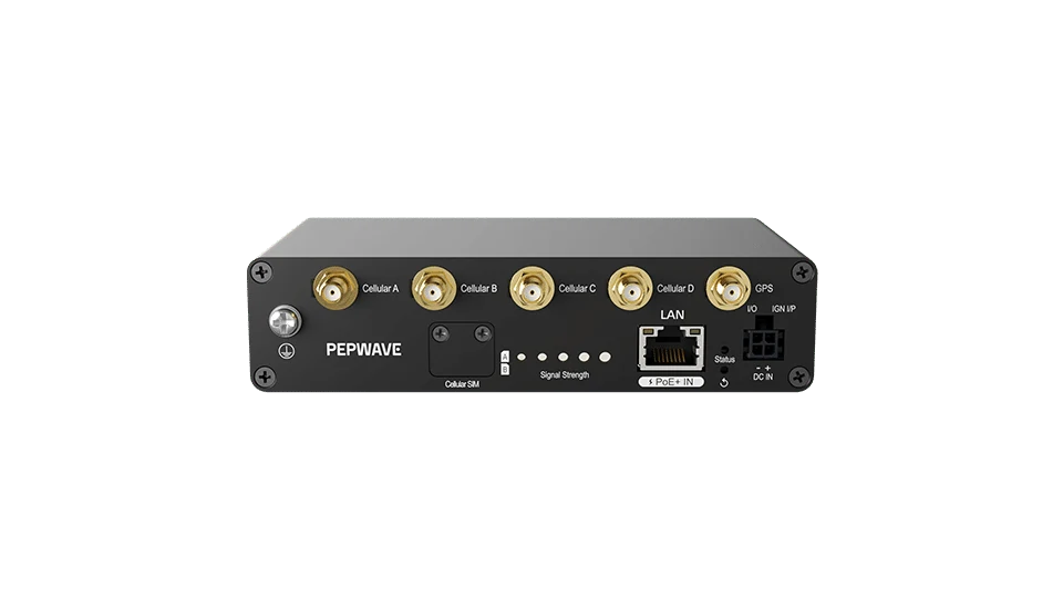 Pepwave 5G Adapter, front view, showing four cellular antenna ports, GPS, SIM tray and the 2.5G PoE LAN port.