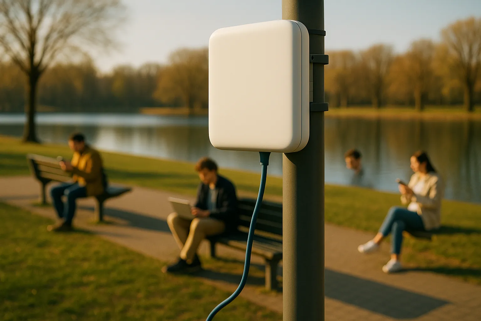 The same lakeside access point, now with a green status light and people sitting nearby using their phones and a laptop.