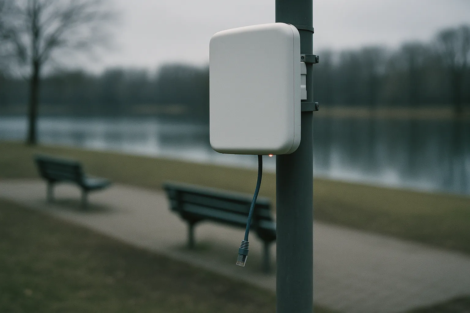 An outdoor wireless access point mounted on a pole in an empty lakeside park, its status light red and its Ethernet cable dangling unplugged.