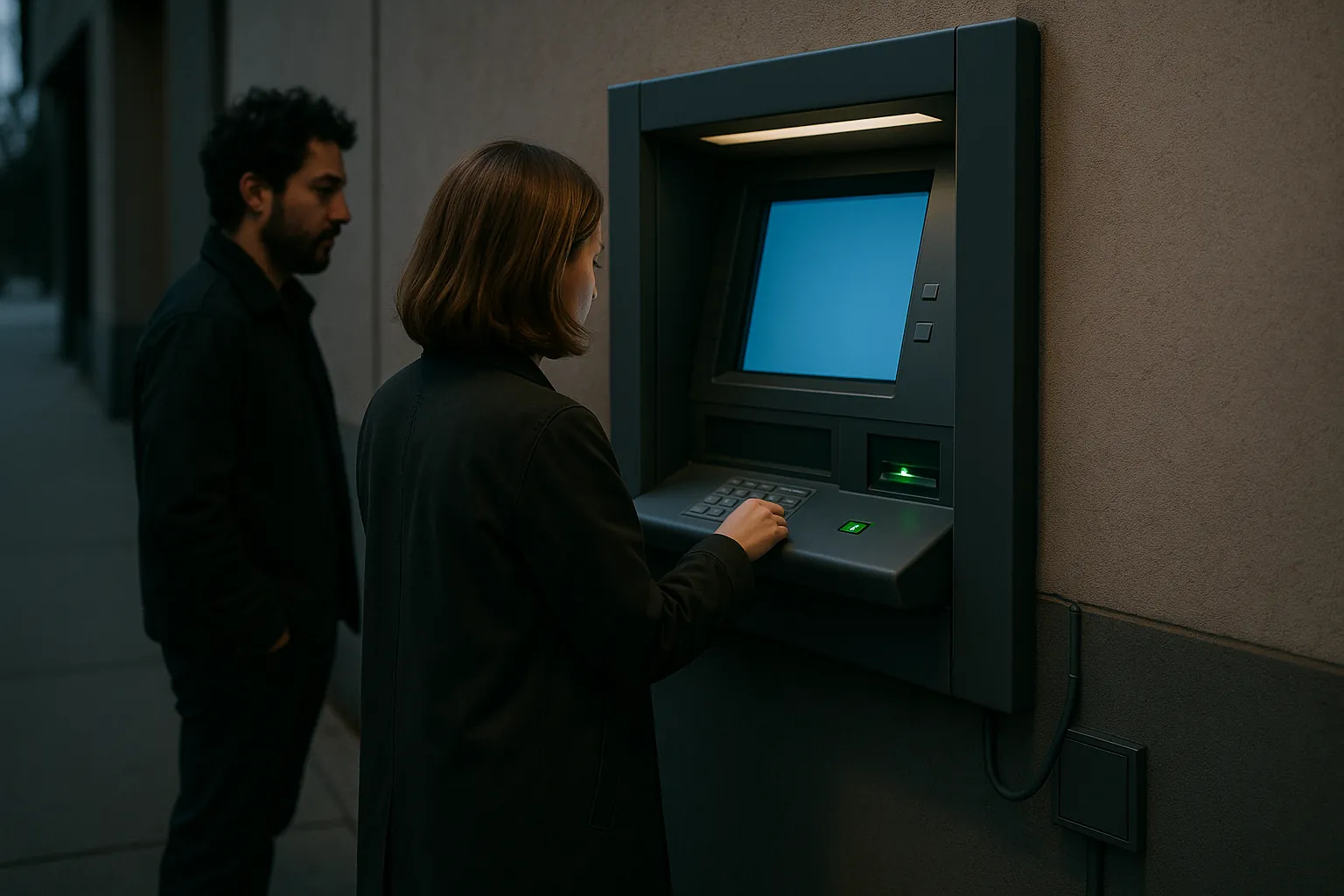 The same ATM, screen lit and in service, with someone using it and a person waiting behind them.