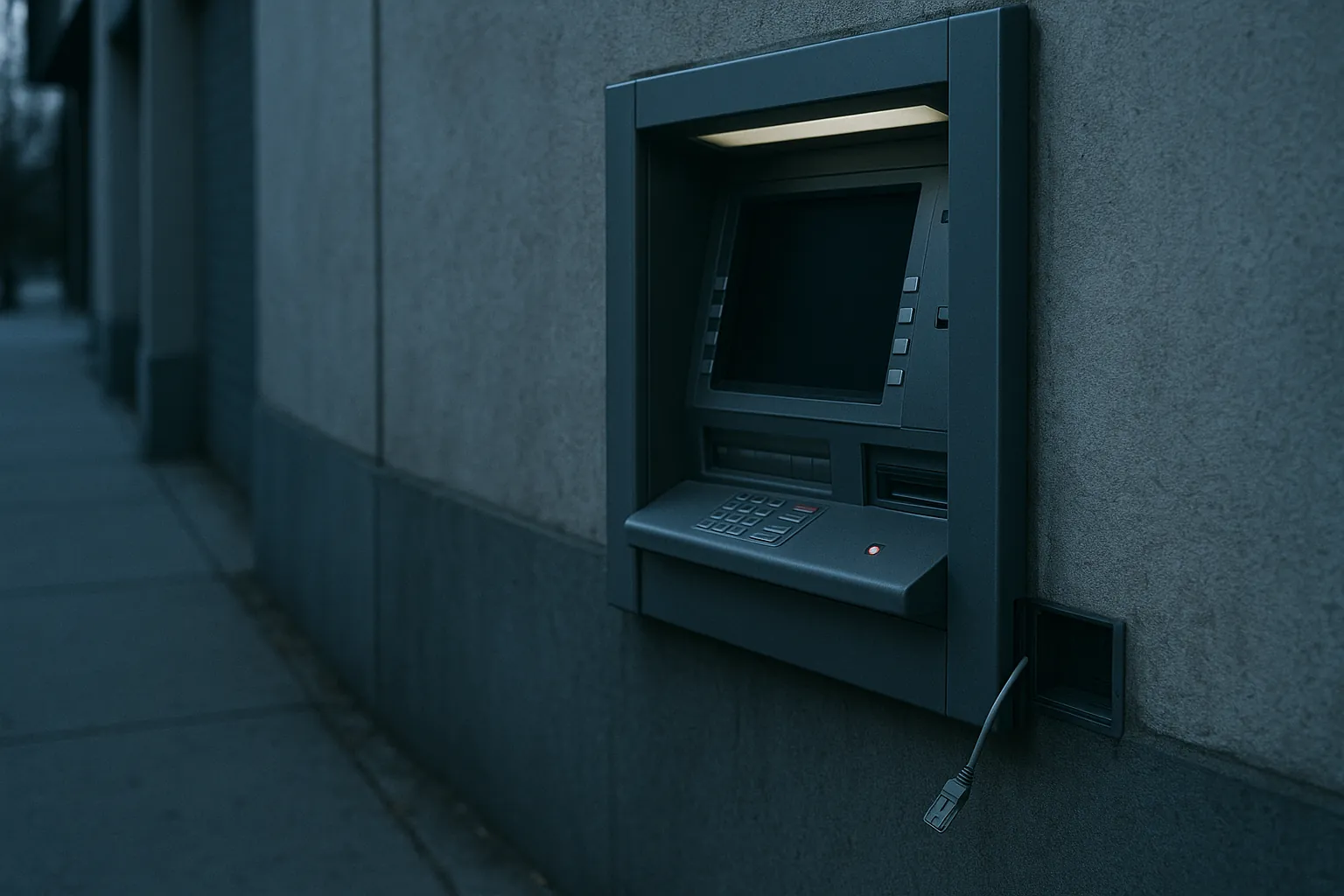An outdoor ATM with a dark screen and an Ethernet cable hanging out of its open service panel on a deserted sidewalk.