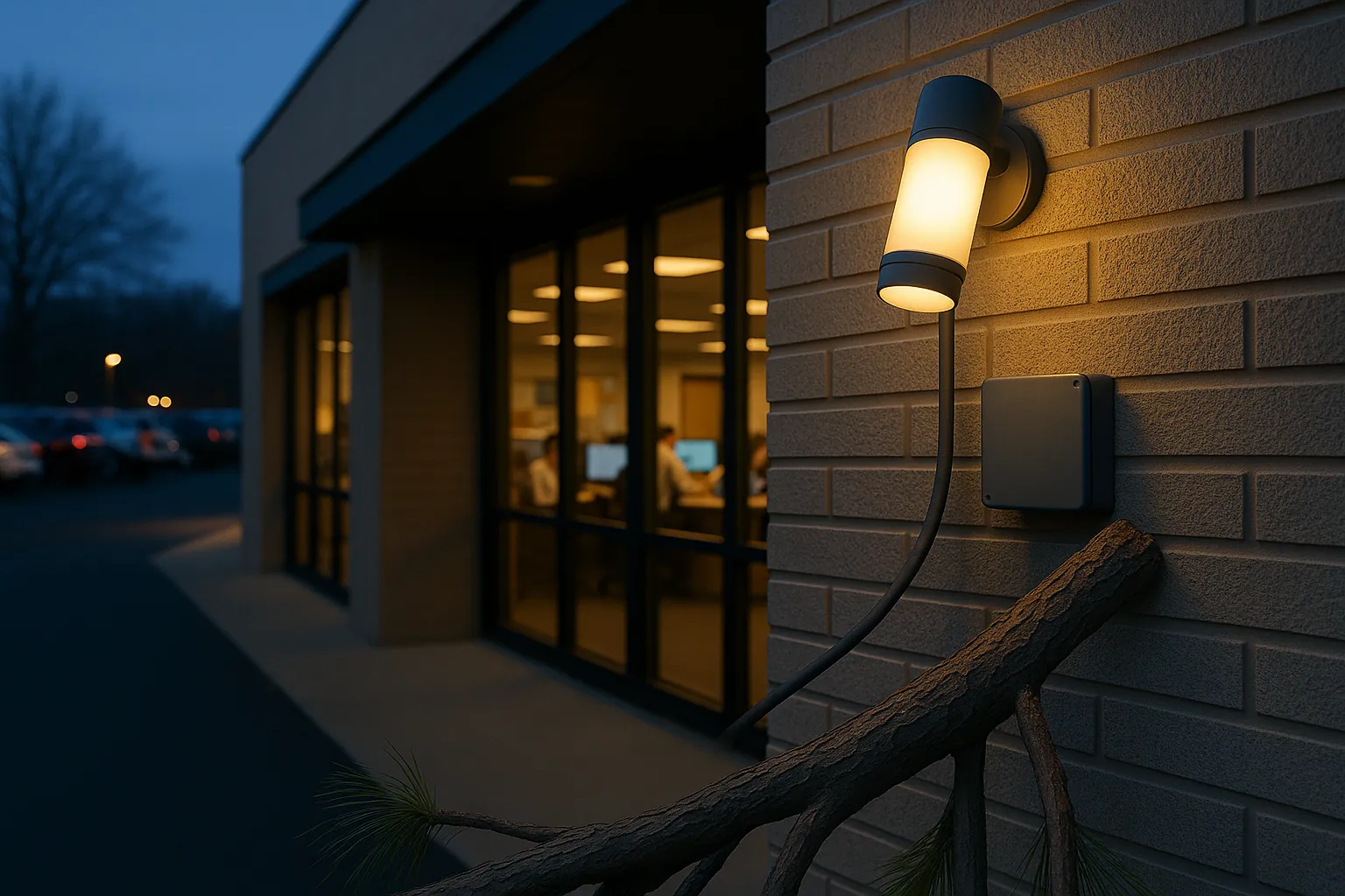 The same branch office in the evening, every window lit and people working at their desks inside.