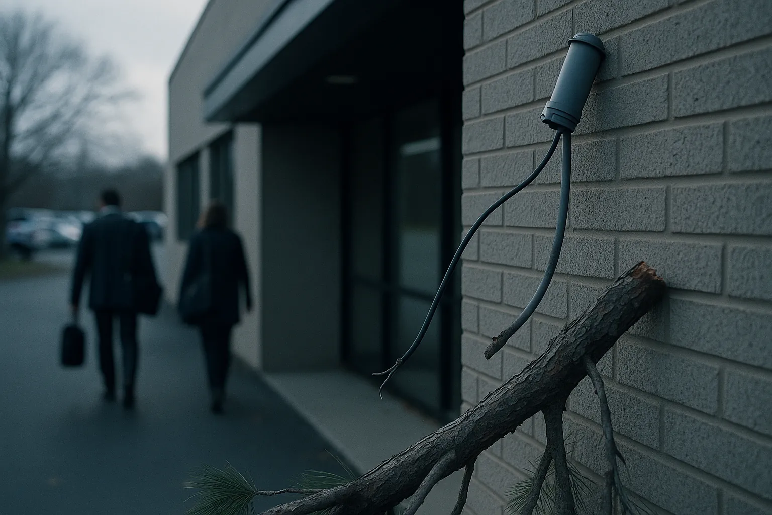 A branch office with a snapped telecom conduit on the outside wall and staff walking away to the parking lot with their laptop bags.