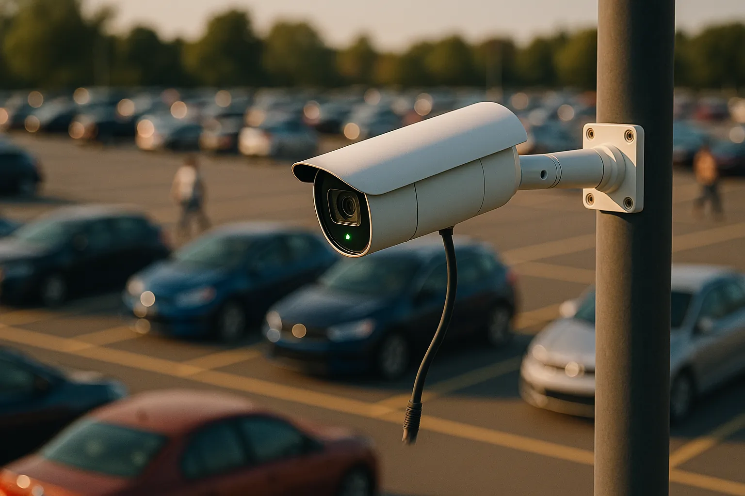 The same camera above the same lot, now green and watching a lot full of cars.