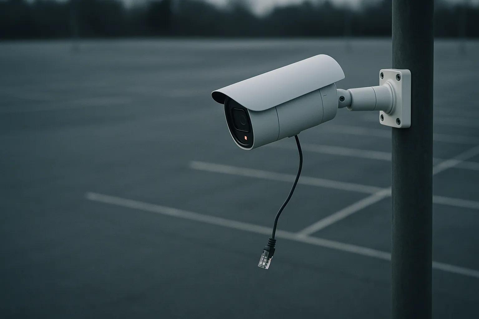 A security camera on a pole above an empty parking lot, its status light red and its Ethernet cable hanging loose.