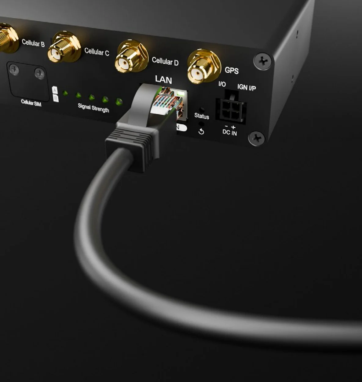 An Ethernet cable plugged into the 2.5G PoE LAN port of a Pepwave 5G Adapter.