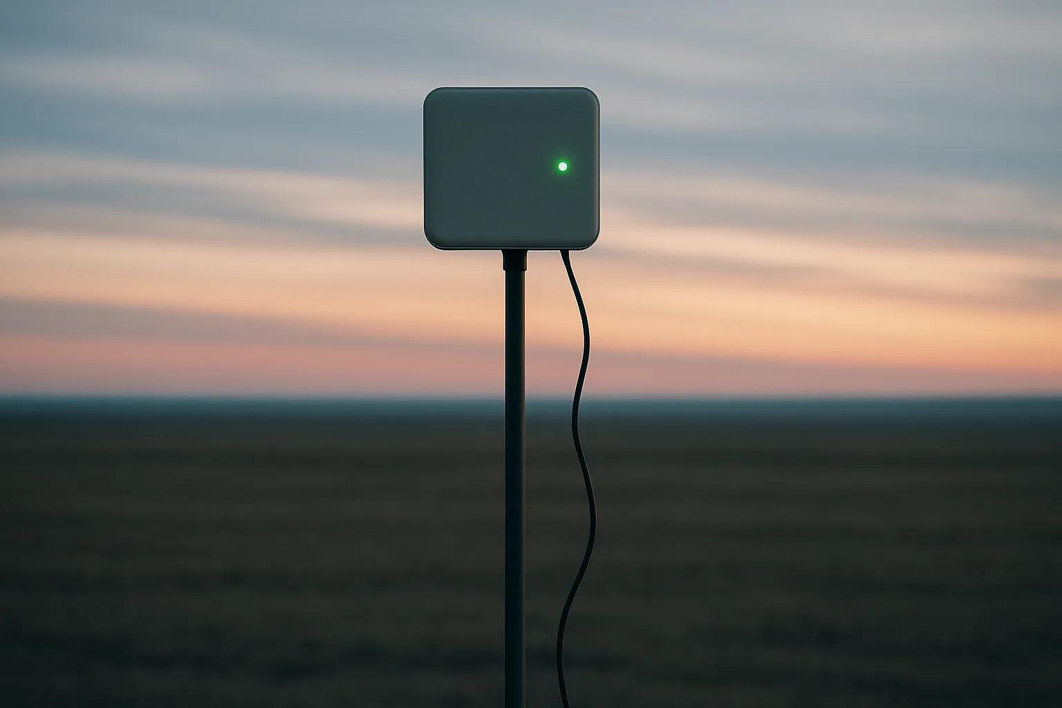 The lone device on the pole from the opening frame, in the same empty landscape at dawn, its status light now green and its cable connected.