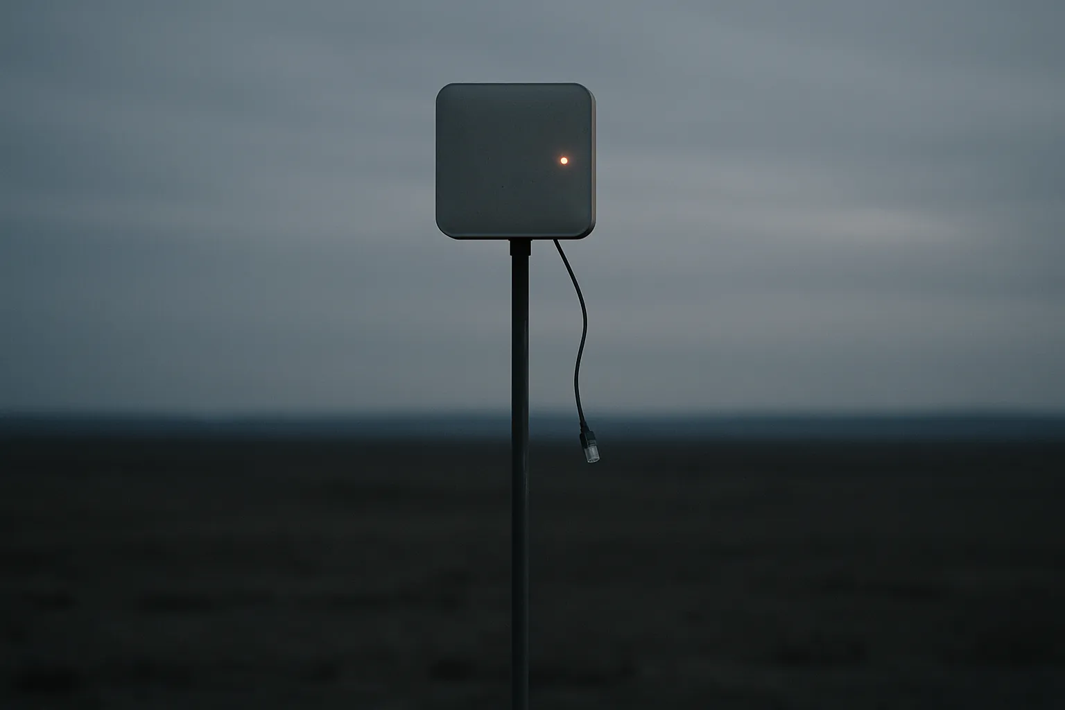 A lone network device on a pole in an empty landscape at dusk, its status light red and its network cable hanging unplugged.