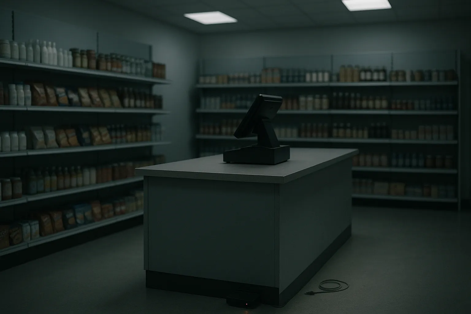 A finished retail store, shelves fully stocked, lights dimmed and no customers, with an unplugged router on the floor under the counter.